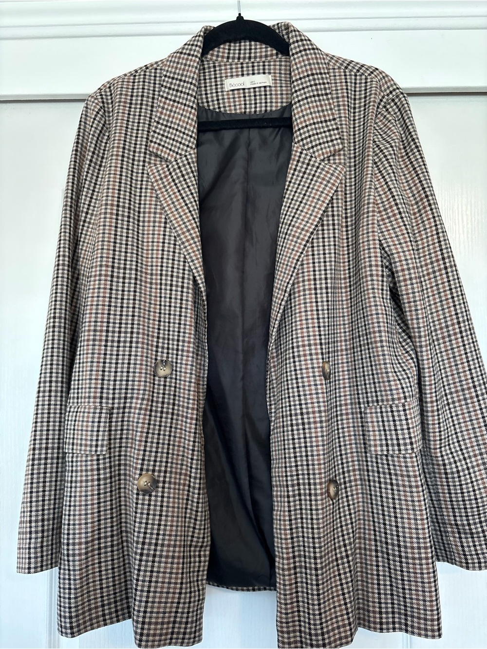 Branded Checked Double-Breasted Women's Blazer Jacket - Brown/Black